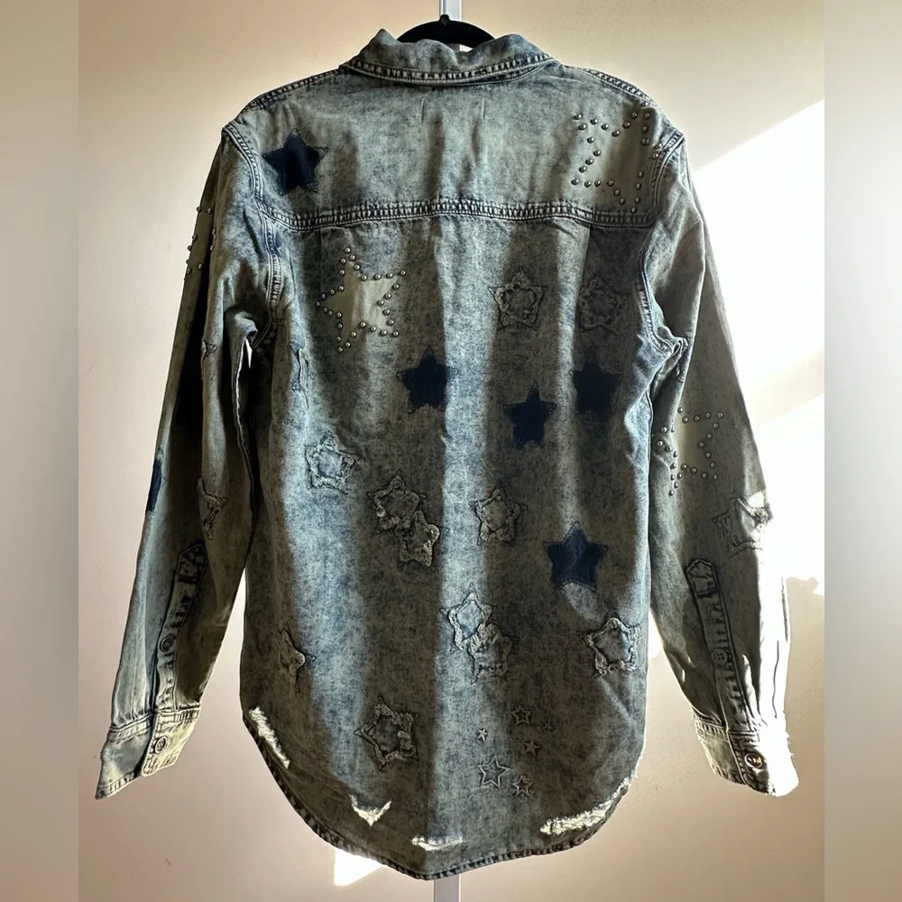 NWT Free People One Teaspoon Everyday Denim Classic Star Shirt S Petrol Green - Picture 6 of 11